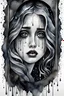 Placeholder: watercolor picture of a sad crying woman behind a window, pale skin, big dark eyes, silver tears, surreal chibi mood , swirling dark background, paint, black ink, watercolor , tears, pain, black, silver, grey colors , dark colors, wet on wet, dark shadows, surreal style, highly detailed, dramatic atmosphere, dark grey swirling background, high textures, around in background big tears, Dark and Moody Watercolor Art , Masterpiece, graffiti art, splash art, street art, spray paint