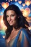 Placeholder: from behind, 3D bubbles, 3D hearts, sunlight, blue skies, magic, multicolored swirling light, aurora borealis, a flowing river of electricity, UFOs, Devil's Tower, fireflies, a close-up, facial portrait of a totally gorgeous Megan Gale, with Long Black hair, cobalt blue eyes, smiling a big bright happy smile, wearing a red sling suit with a gold/yellow bat emblem on the lower stomach area, and black boots, professional quality digital photograph, happy time