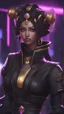Placeholder: A close picture to Ramattra nemesis form egypt them in overwatch art style with black color and neon purple details in the rain