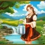 Placeholder: very nice country side with hills ,waterfall over a river with clear water,girls with perfect pretty face in folk costums and a jar, filling their jugs with water and some of them leaving while carring there jugs in there shouldes and 1beautiful girl with jug in shoulder in closeup , very nice mountains at distant, nice clouds in sky ,wide green field with flowers.