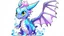 Placeholder: cartoon illustration: a cute ice dragon with big shiny eyes and two purple crystal wings. The dragon is flying.