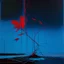 Placeholder: Minimal abstract oil painting of a neon large red leaf plant in desolate landscape brutalist architecture and hanging wires illuminated at night. With triadic blue colours. In the style of Justin Mortimer and Phil Hale, Ashley Wood