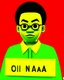 Placeholder: A 3D animated character with a round face, prominent eyes, and a small, protruding tongue. He is wearing glasses, a green jacket with a yellow collar, and a badge on his jacket that reads 'IKENGA Obodo Oma!'. He holds a black signboard with white text that reads 'OGA MAN COMEDY'. The character is positioned against a red background.