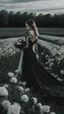 Placeholder: black lace scarf and dirty wedding dress in a field of white roses.cinematic picture