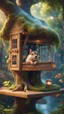 Placeholder: magazine cover, portrait of sleepy dog bug squirrel in a tree house in wonderful enchanted magical forest by river,bokeh like f/0.8, tilt-shift lens 8k, high detail, smooth render, down-light, unreal engine, prize winning