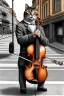 Placeholder: One single mature cat playing violin on the street, Vienna, friendly, model style, hyper realistic, extremely accurate, delicate, extremely detailed, Graphic novel style, wide-angle, open aperture, superfine pencil