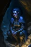 Placeholder: Dnd character kneeling in a dark cave. A female Moonelf twilight cleric with super curly, super short, dark blue hair and golden eyes, wearing gray and dark blue robes. With tattoos. Muscular, broad.