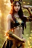 Placeholder: Druid character, young woman, cat ears, golden hair, long hair, golden eyes, animal hide armor, waist up portrait, 4k resolution, intricate details, ornate details, soft lighting, vibrant colors, retroanime, masterpiece, intricate eyeliner, dark eyeshadow, eyes, intricate tattoos, natural background, fae, sidhe