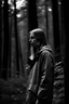 Placeholder: professionally black and white photograph, realistic, film grain, attractive girl 30 years, in dark forest like an animal, back to nature telephoto shot, depth of field, RAW, nikon d850,