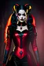 Placeholder: Harley Quinn, mystic woman with long hair, dark fantasy setting, ethereal, soft lighting, Beautiful, red and black suit