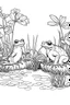 Placeholder: Outline art, no shading, frogs full body in the garden, cartoon style, black and white, low detail, --ar 9:11