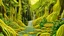 Placeholder: A yellow rainforest with a grotto and a waterfall painted by MC Escher
