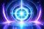 Placeholder: a magic futuristic light portal in the middle of a bright galaxy. it has a verical shining ray. the background is made of light cold colours