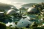 Placeholder: a small futuristic village near a lake on an alien planet with lots of vegetation
