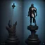 Placeholder: large black stone statue of a knight in a dark dungeon, holding a sword that's pointing up and glowing blue