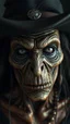 Placeholder: Busch painting style nightmare, a zoomed front view of a witch by his face skin is a rusted broken metallic skin texture in a 3d rendering full-height image of a grim and dark scene. Ensure the final images exhibit the utmost quality, encompassing 4K, 8K, and 64K resolutions, with 3D rendering that manifests in photorealistic, hyperrealistic, and highly detailed representations. Employ techniques such as HDR, UHD,