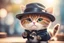 Placeholder: cute chibi spy cat in detective clothes and hat with magnifying glass, watching pictures with it in sunshine, ethereal, cinematic postprocessing, bokeh, dof