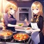 Placeholder: girl, masterpiece, best quality, volumetric lighting, detailed outfit, perfect eyes, golden hair, long hair, purple eyes, braided ponytail, smile, cooking, food, hairclip,