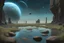 Placeholder: Grey blue sky with one exoplanet in the horizon, rocks, cliffs, puddle, weeds, sci-fi movies influence, movie wallpaper, epic, trascendent, ernest welvaert and charles leickert impressionism paintings