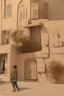 Placeholder: A Palestinian child carries on his shoulders a large bag with windows and doors