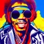 Placeholder: a realistic portrait of Jimi Hendrix at a turntable with headphones on being a DJ, vivid color, with sunglasses