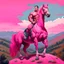 Placeholder: a big muscle man sitting on a pink horse in hills .like 19th painting