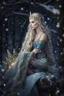 Placeholder: Elven princess,elven crown,long blonde golden hair,rapunzel hair,ice flowers,beautiful,light blue,dark blue,golden armor,sparkle,glitter,ice flowers,snow,elven ears,dark fairy princess