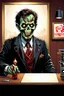 Placeholder: visceral rotting zombie as a bank teller, "WELCOME" sign on the counter, digital illustration, by Martyn Turner, macabre