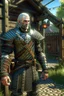 Placeholder: geralt of rivia with witcher armor, photorealistic, standing near a gate to a town watching passerby