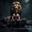 Placeholder: Hyper Realistic Handsome Muscular Man Sitting With a Huge-Zombified-Lion in a jungle with river-water-flow & big stones at dark rainy night showing dramatic & cinematic ambiance