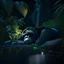 Placeholder: super huges gorilla sleeping in junggle near a long stream beside at night full starts, great anatomy detail. 4K resolution.