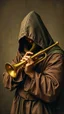 Placeholder: Hieronymus Bosch style , a hooded man playing the trumpet