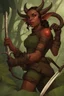 Placeholder: A DnD character. A female horned Tiefling ranger in a jungle. The Tiefling has a little dinosaur on her shoulder and a rapier in her hand.