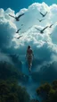 Placeholder: A beautiful naked girl standing in the cloud in the background big birds with a lot of dark blue clouds and waterfalls and trees