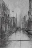 Placeholder: Pencil sketch of A car stops on an empty street, a traffic light, It's raining hard, night , houses on the side ، on lined paper