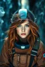 Placeholder: A young woman dressed in a cosmonaut suit without a helmet , exploring a frozen canyon . She has metallic-auburn long messy hair and intense blue eyes . Looking at the camera. Volumetric light with exquisite light and shadows.