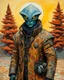 Placeholder: highly detailed, full body, ink oil portrait painting of an ancient, alien traveler , in the impressionist style of Childe Hassam, mixed with art nouveau, abstract impressionism, the surrealism of Yves Tanguy, and the comic art style of Jean-Giraud Moebius, precise and sharply defined facial features, protective clothing , and skin textures, in subdued autumnal colors