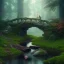 Placeholder: poet with lute, evening, glowing stone giant under wooden bridge in magical forest, spray painting, foliage frame, fantasy art , movie poster, Realistic photography, incredibly detailed, ultra high resolution, 8k, complex 3d render, cinema 4d, color corrected