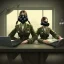 Placeholder: cute girls sitting at the computer in military gas masks. one of the girls is sticking out of the channel