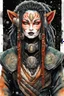 Placeholder: front facing watercolor portrait illustration of a gothpunk armored female kitsune vampire mercenary , beaded dreadlock hair, wearing an ancient ornate japanese kitsune mask , and shemagh, highly detailed with gritty post apocalyptic textures, caught in a cosmic maelstrom of swirling gases , finely detailed facial features and hair, in the graphic novel style of Bill Sienkiewicz, and Jean Giraud Moebius, ink wash and watercolor with realistic light and shadow