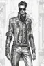 Placeholder: fashion illustration, sketches, futuristic man fashion, microchip designe shirt, black leather pant with silver accessories and belt buckle, steampunk and cyberpunk mixed style, sci-fi fashion style