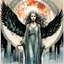 Placeholder: create a deeply evocative, and darkly magical full body ink wash and watercolor illustration of an epic fantasy raven crone with highly detailed and deeply cut facial features, in the style of EDWARD BURNE-JONES, WILLIAM MORRIS, and KATHE KOLLWITZ combined with the comic art style of BILL SIENKIEWICZ and JEAN GIRAUD MOEBIUS, searing lines and forceful strokes, precisely drawn, inked, and colored