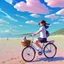 Placeholder: A girl is riding a bicycle on the beach. His cat is sitting in the front basket of the bicycle. Spring flowers can be seen everywhere. Beautiful blue sky with white clouds - kites in the sky. sense of peace. digital art, anime, 8k, full details, colorful, high resolution