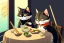 Placeholder: Cats sitting at a table, eating sushi with chopsticks. Animé Style