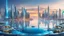 Placeholder: stunning panoramic view of an Amazing futuristic asian cyber city on a biomechanical tall island, azure blue sea, skyline suring Sunset , reflections, high detailed, sharp focus, best shot