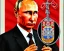 Placeholder: Russia president satan Vladimir Putin, evil fangs, blood and Moscow in fire atomic bomb cudgel