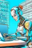 Placeholder: generate a front cover representation of Ai attractive female humanoid bot writing a book at a desk in a comic book style