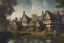 Placeholder: portrait of a tudor manor house on a street, fishpond architecture, highly detailed, blue sky, cinematic lighting, digital art painting by greg rutkowski