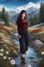 Placeholder: country side ,blue sky , snow on mountains, pretty clouds ,small rocky river with clear water small rocks in floor,wild flowers,beautiful Snow White, long shiny black curvy hair, wearing a burgundy sweater with the word TURK GIZI written on it, in gold, work clothes, standing, super realistic Fairy lights, intricate detail, texture, depth, vividness, movement, namex, energy, bioluminescence, stunning, epic, ultra-detailed, 8K photography by Miki Asai Macro, close-up, extremely detailed, pop