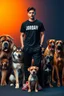 Placeholder: A powerful cinematic portrait of a confident young man standing in the center, wearing a black Air Jordan t-shirt, black joggers, and red-and-white Jordan sneakers. He is surrounded by a group of dogs of different breeds: a giant Tibetan Mastiff, a Husky, a Rottweiler, two Golden Retrievers (one with its paw resting on his leg), a Doberman, and a tiny French Bulldog puppy near his feet. The background has a dramatic gradient lighting split into warm orange on the left and cool blue on the right,